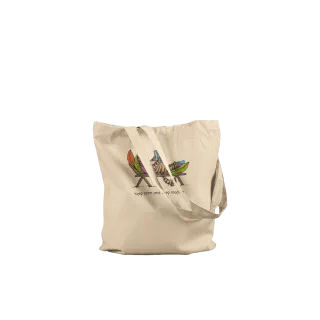 Angled natural tote bag with a cat reading in a chair design
