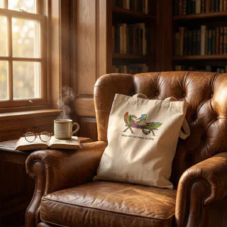 Tote bag resting on a leather armchair in a cozy library. 