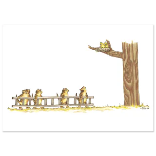 Illustration of four tabby cats with a ladder beside a tree and two small birds on a branch