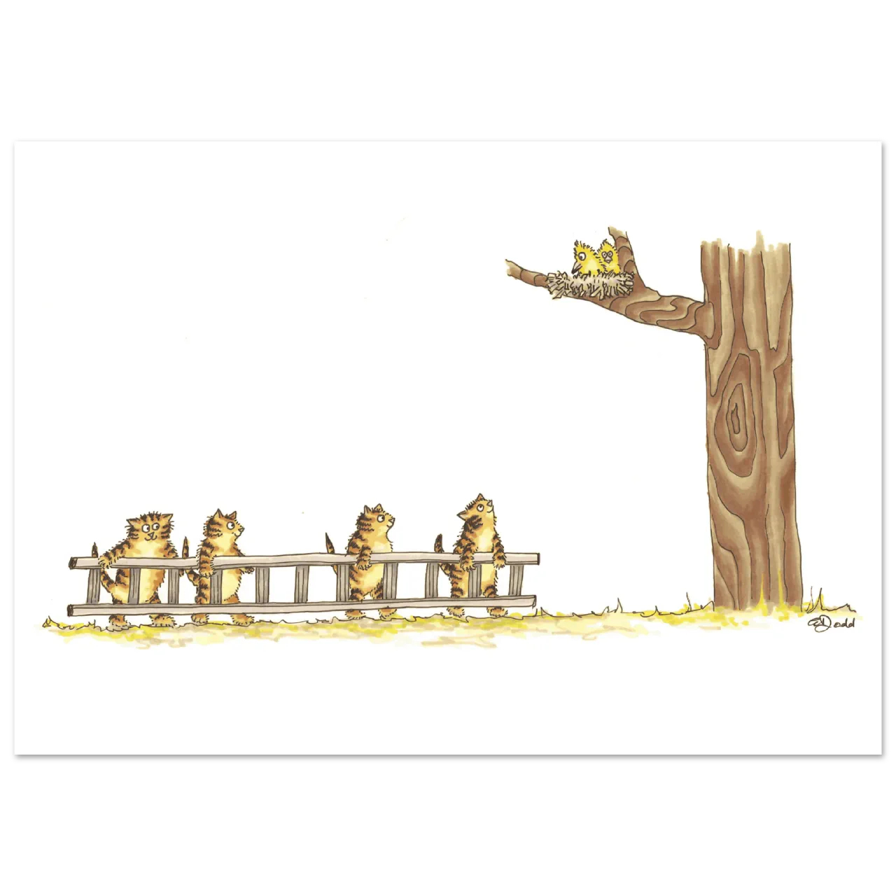 Illustration of four tabby cats with a ladder beside a tree and two small birds on a branch
