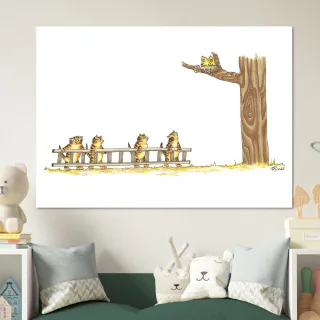 Large poster print with tabby cats, a ladder, a tree, and two small birds on a branch