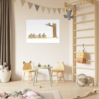 Small wall poster with tabby cats, a ladder, and a tree in a children's room