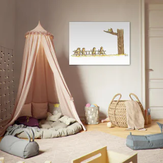 Small wall poster with tabby cats, a ladder, and a tree beside a fabric play tent