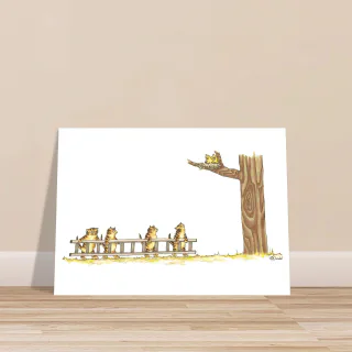 Large poster print with tabby cats, a ladder, and a tree leaning against a beige wall