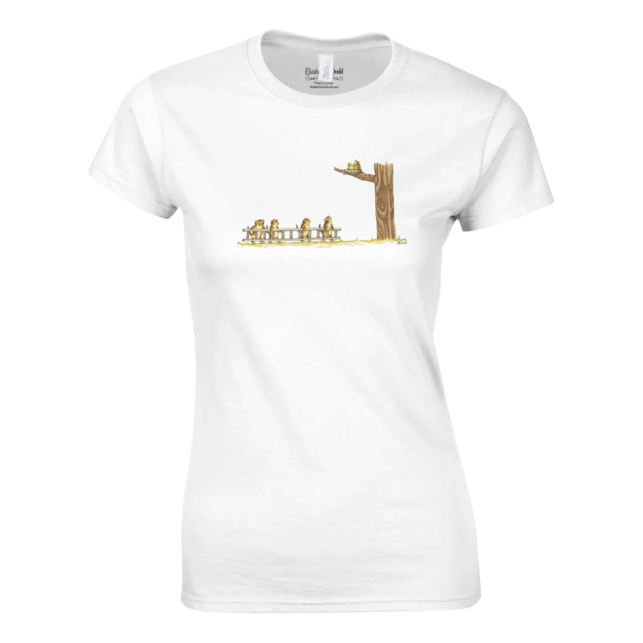 White T-shirt with cartoon cats and birds in a tree design