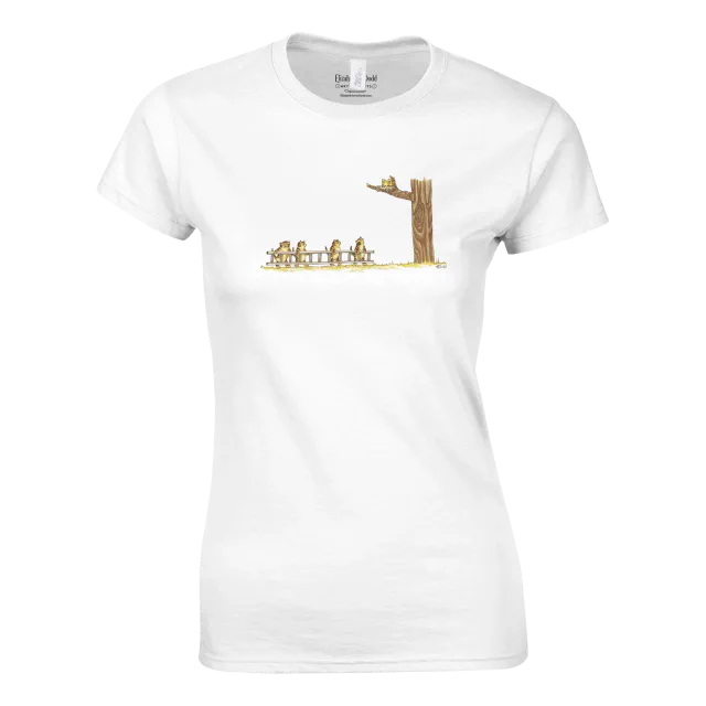 White T-shirt with cartoon cats and birds in a tree design