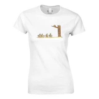 White T-shirt with cartoon cats and birds in a tree design