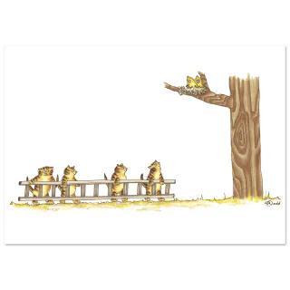 Cartoon cats and birds in a tree illustration