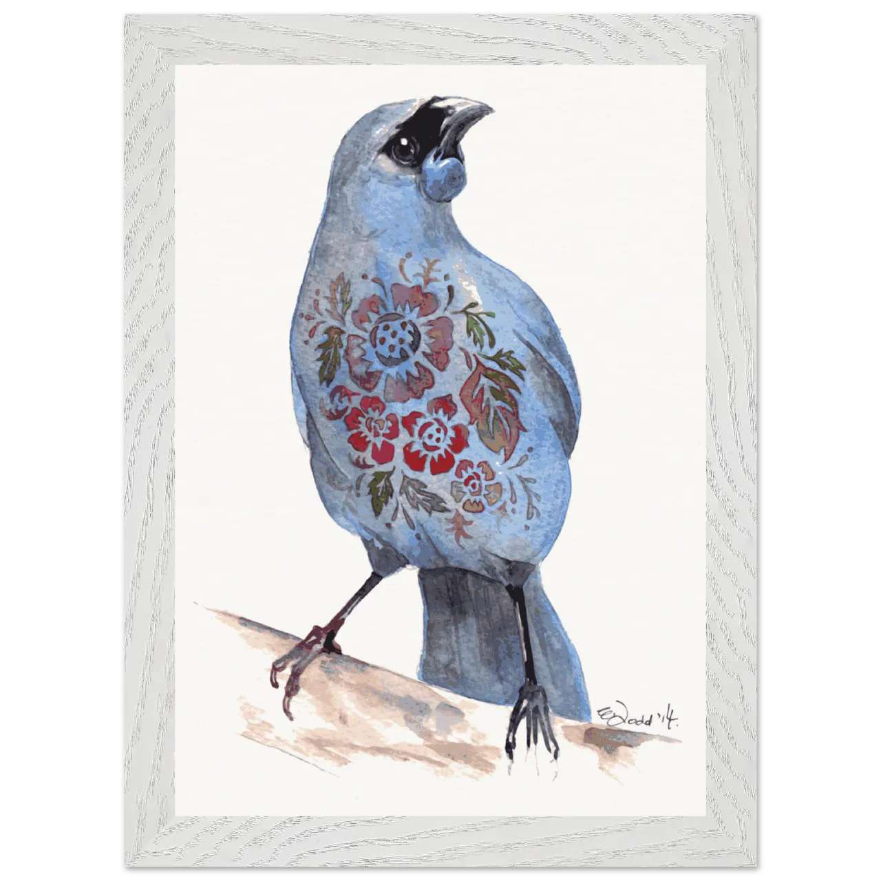 White framed print of a blue kokako with floral chest pattern