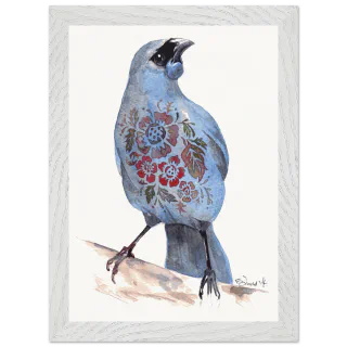 White framed print of a blue kokako with floral chest pattern