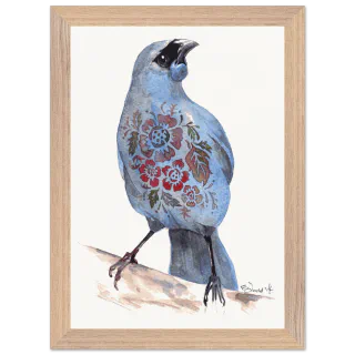 Wood framed print of a blue kokako with floral chest pattern