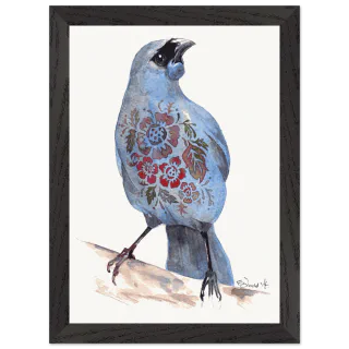 Black framed print of a blue kokako with floral chest pattern