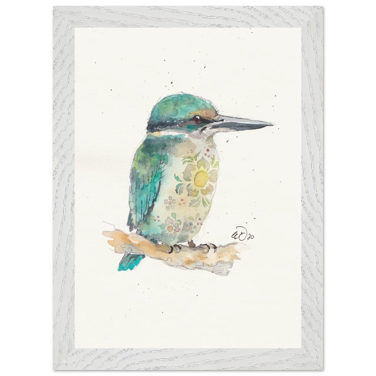 White framed print with a watercolour kotare