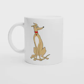 White ceramic mug with a light tan greyhound illustration