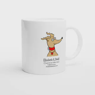 White ceramic mug with greyhound illustration and Elizabeth A. Dodd logo