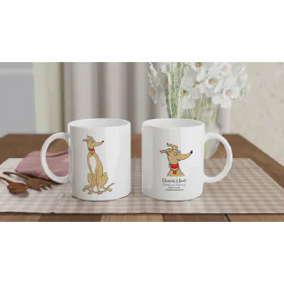 Two white ceramic mugs showing a light tan greyhound illustration and logo on a table
