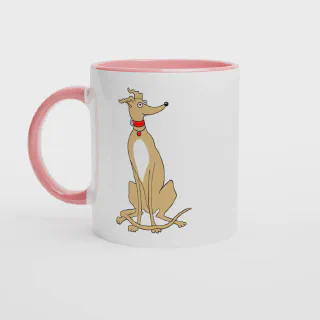 White ceramic mug with pink rim, handle and interior and with light tan greyhound illustration