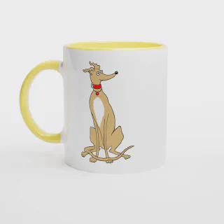 White ceramic mug with yellow rim, handle and interior and with light tan greyhound illustration