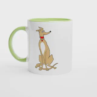 White ceramic mug with green rim, handle and interior and with light tan greyhound illustration