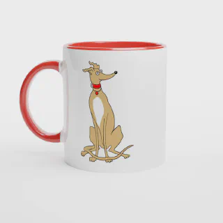 White ceramic mug with red rim, handle and interior and with light tan greyhound illustration