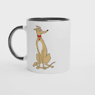 White ceramic mug with black rim, handle and interior and with light tan greyhound illustration