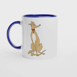 White ceramic mug with blue rim, handle and interior and with light tan greyhound illustration