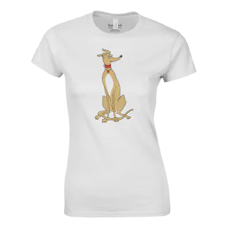 Product image of a women's crewneck T-shirt featuring a light tan greyhound illustration