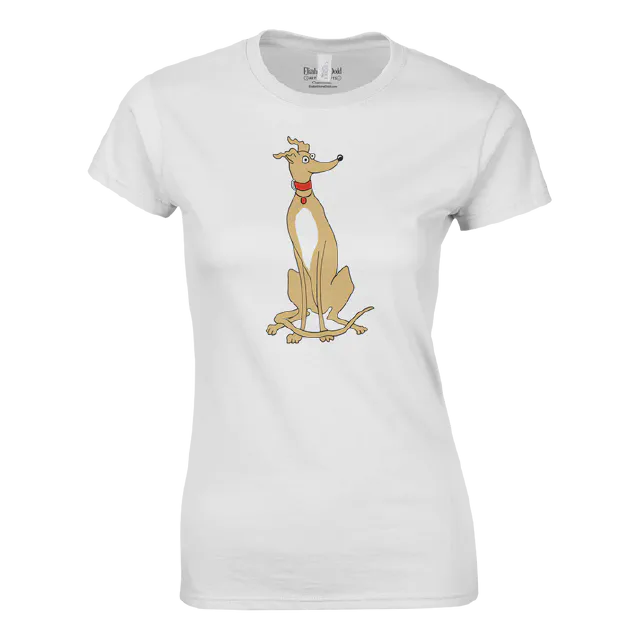 Product image of a women's crewneck T-shirt featuring a light tan greyhound illustration