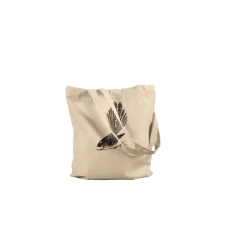 Angled natural tote bag with New Zealand fantail design