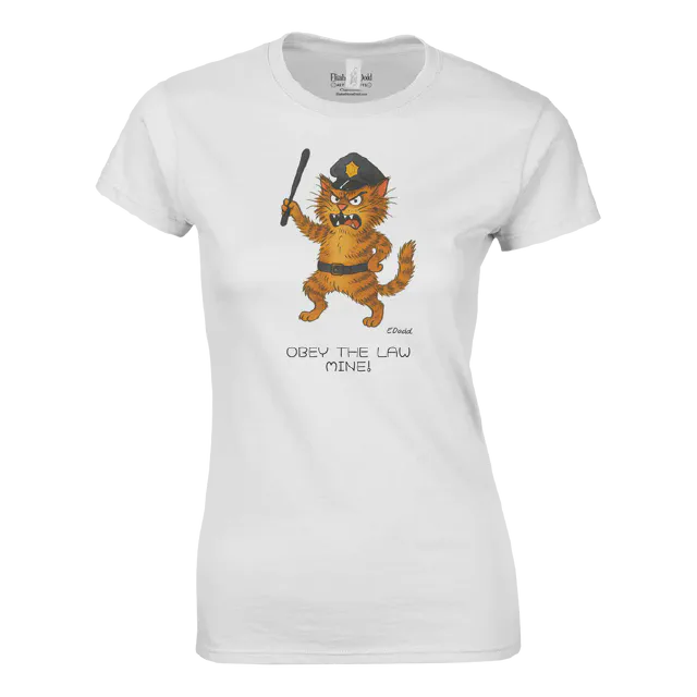 White women’s t-shirt with an orange tabby cat police illustration and text