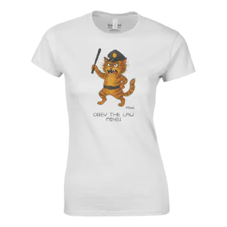 White women’s t-shirt with an orange tabby cat police illustration and text
