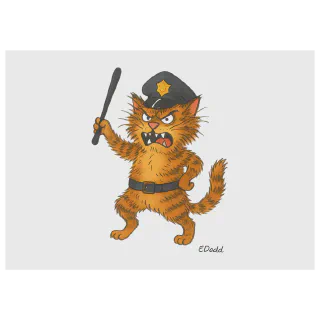 Orange tabby cat police illustration holding a baton on a white background
