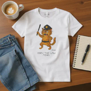 White t-shirt with an orange tabby cat police illustration on a wooden table
