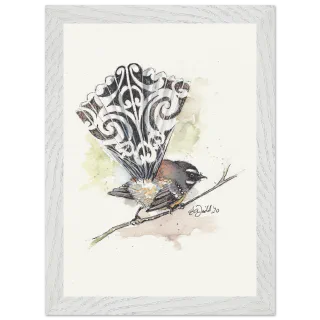 White framed print with a watercolour pīwakawaka fantail