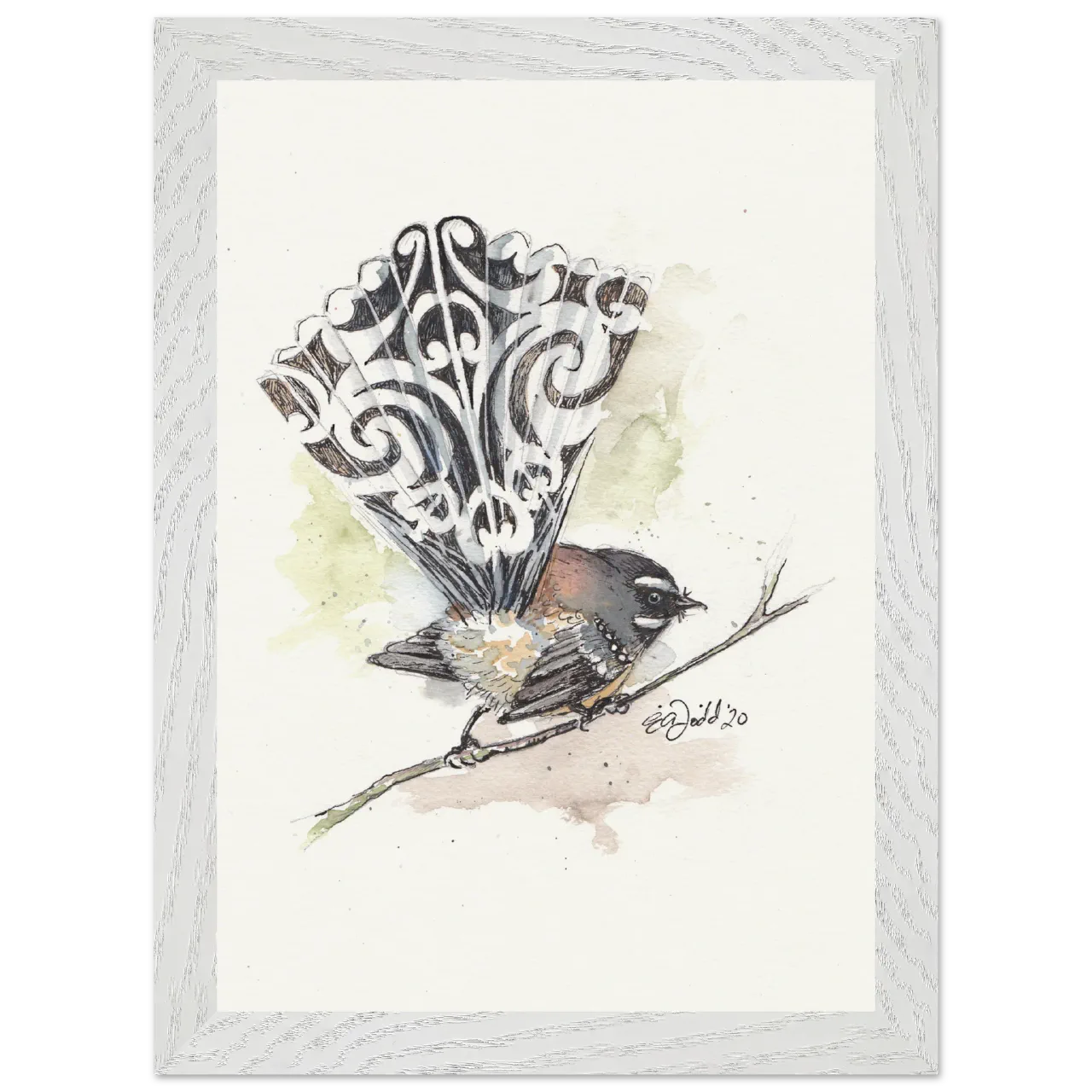 White framed print with a watercolour pīwakawaka fantail