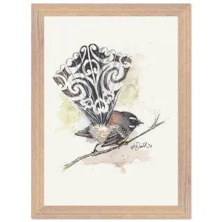 Wood framed print with a watercolour pīwakawaka fantail