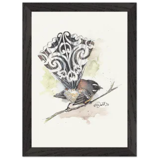 Black framed print with a watercolour pīwakawaka fantail