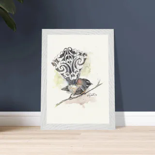 Framed print with a watercolour pīwakawaka fantail