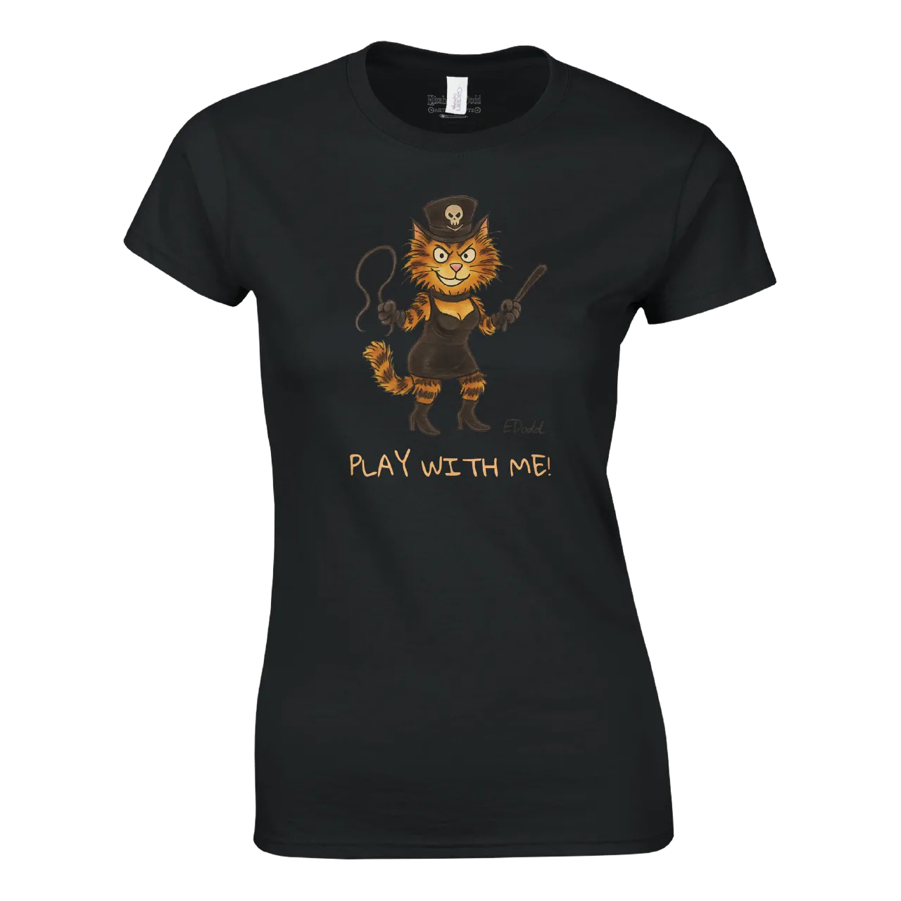 Black women's crewneck T-shirt with orange cat illustration and Play with Me text