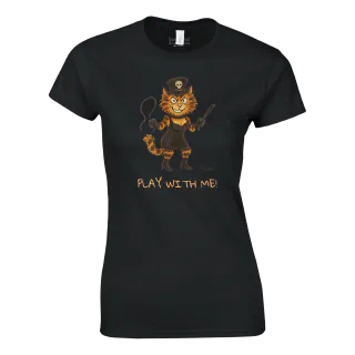 Black women's crewneck T-shirt with orange cat illustration and Play with Me text
