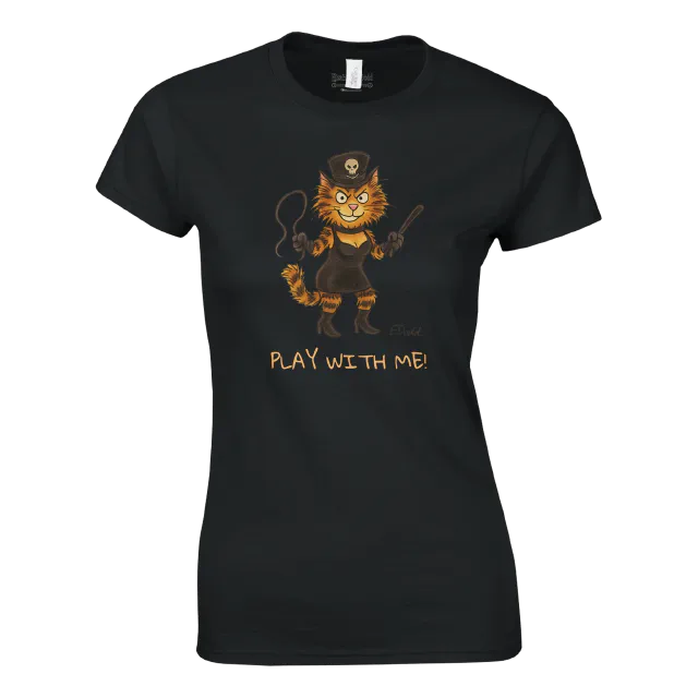 Black women's crewneck T-shirt with orange cat illustration and Play with Me text