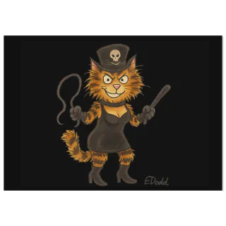 Orange cat illustration in a dark dress and skull hat on black background