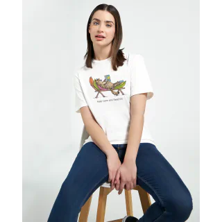 Model wearing white T-shirt with cat reading design