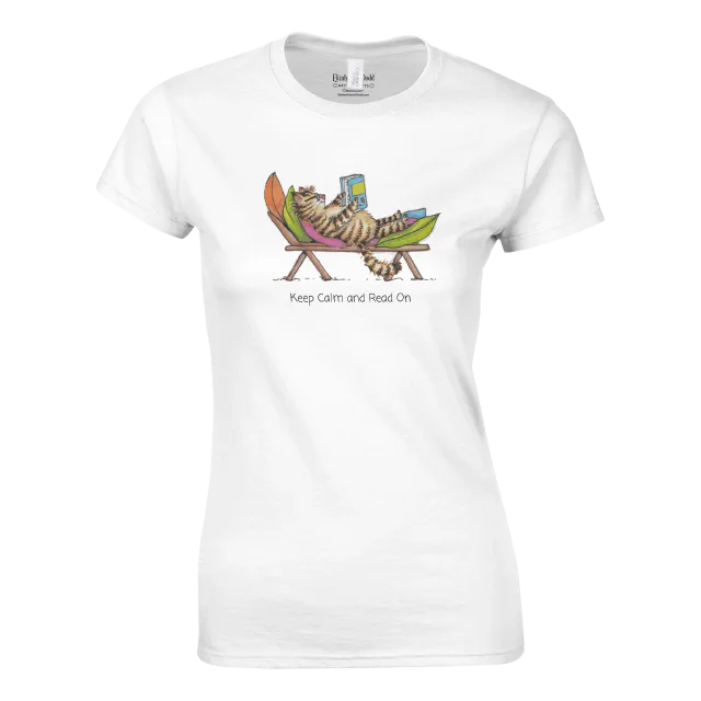 White women's T-shirt with cat reading in a hammock design