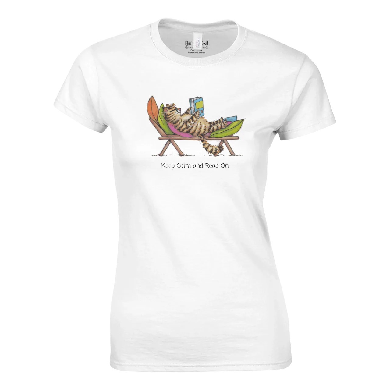 White women's T-shirt with cat reading in a hammock design