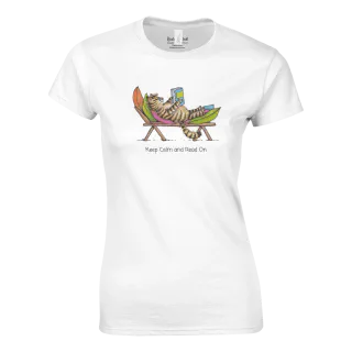 White women's T-shirt with cat reading in a hammock design