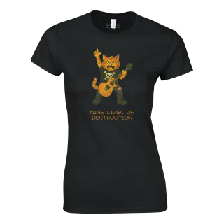 Black women's crewneck T-shirt with rockstar cat illustration and Nine Lives of Destruction text