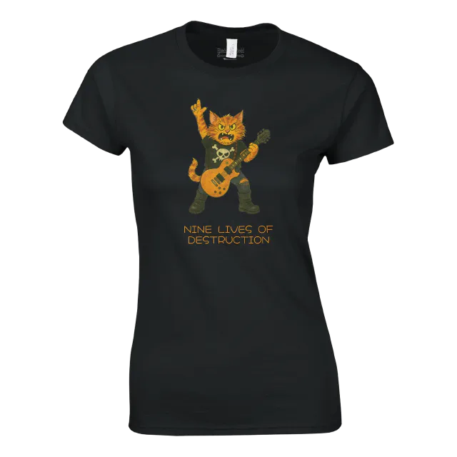 Black women's crewneck T-shirt with rockstar cat illustration and Nine Lives of Destruction text