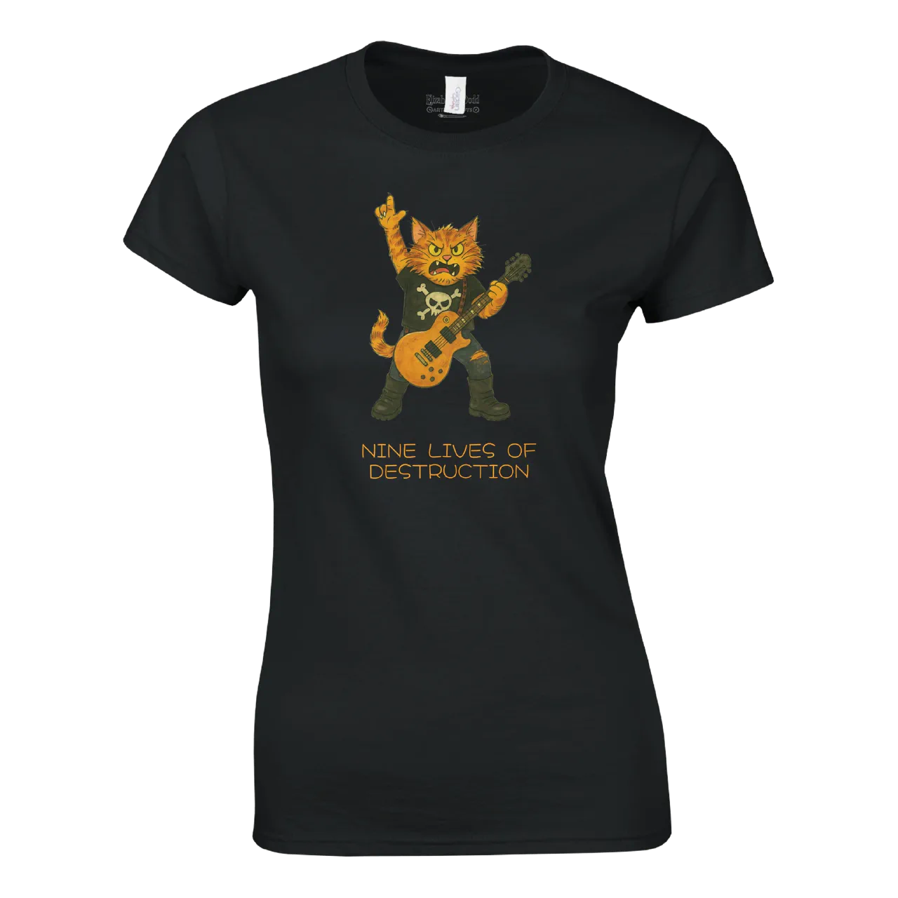 Black women's crewneck T-shirt with rockstar cat illustration and Nine Lives of Destruction text