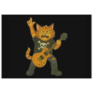 Orange cat with guitar illustration on black background